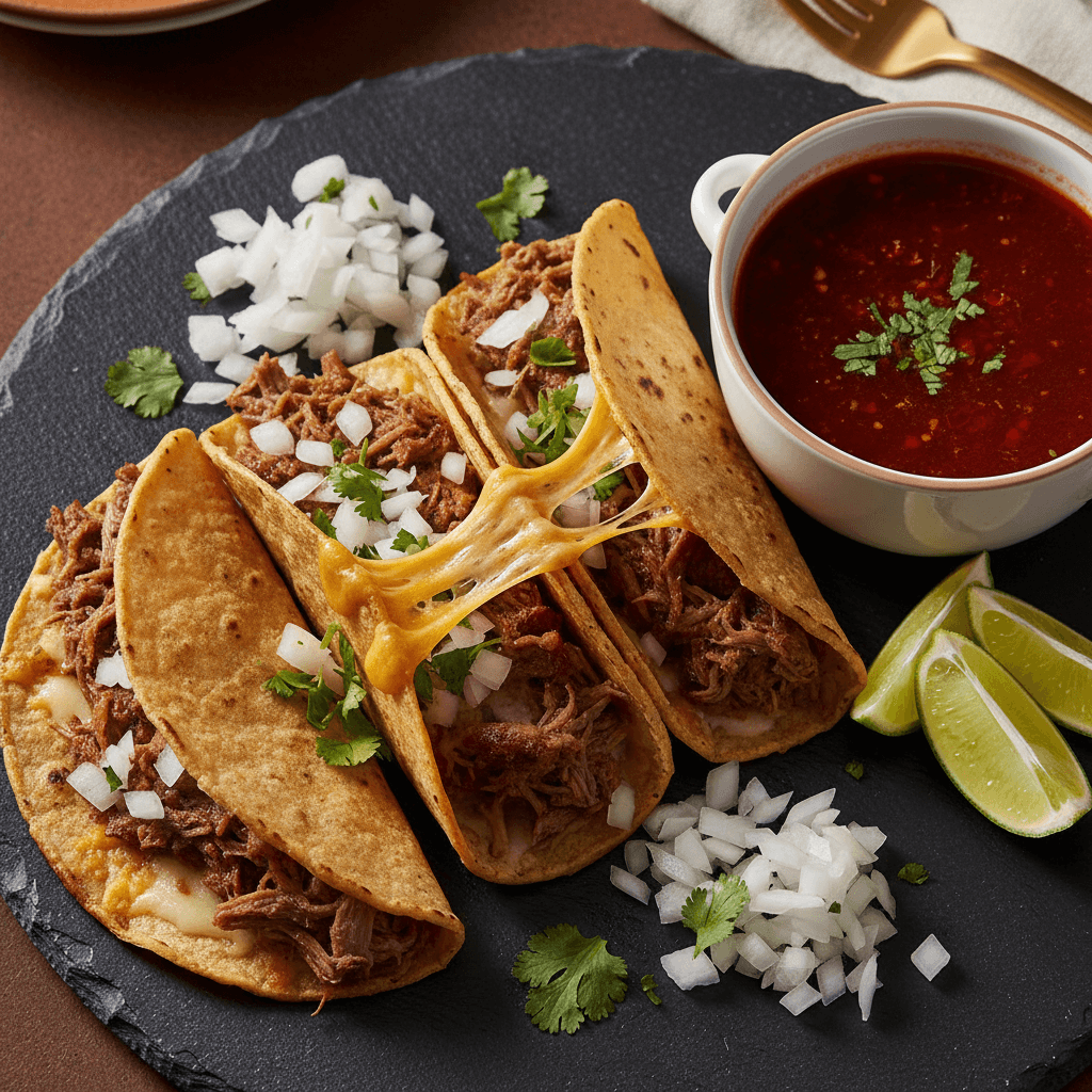Authentic birria tacos with consommé at The Mexican