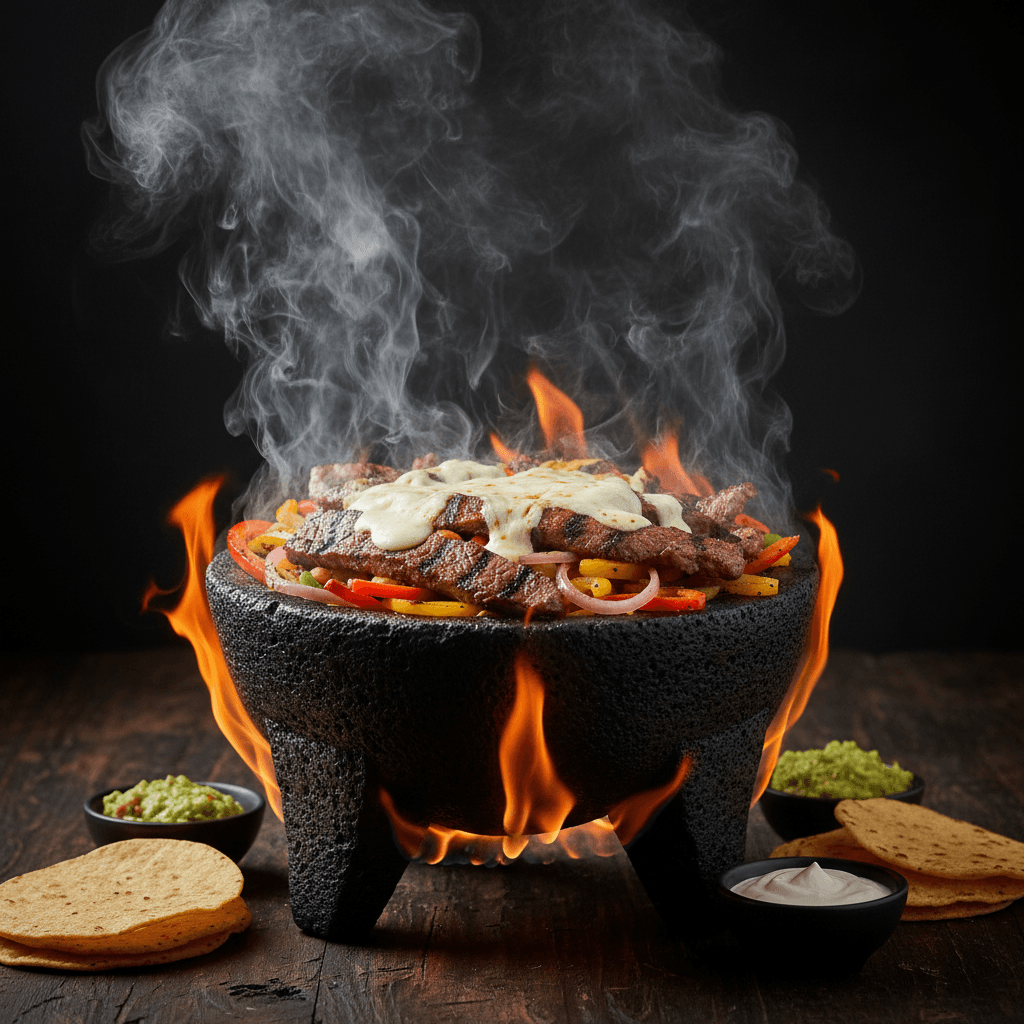 Volcanic stone fajitas served in traditional molcajete