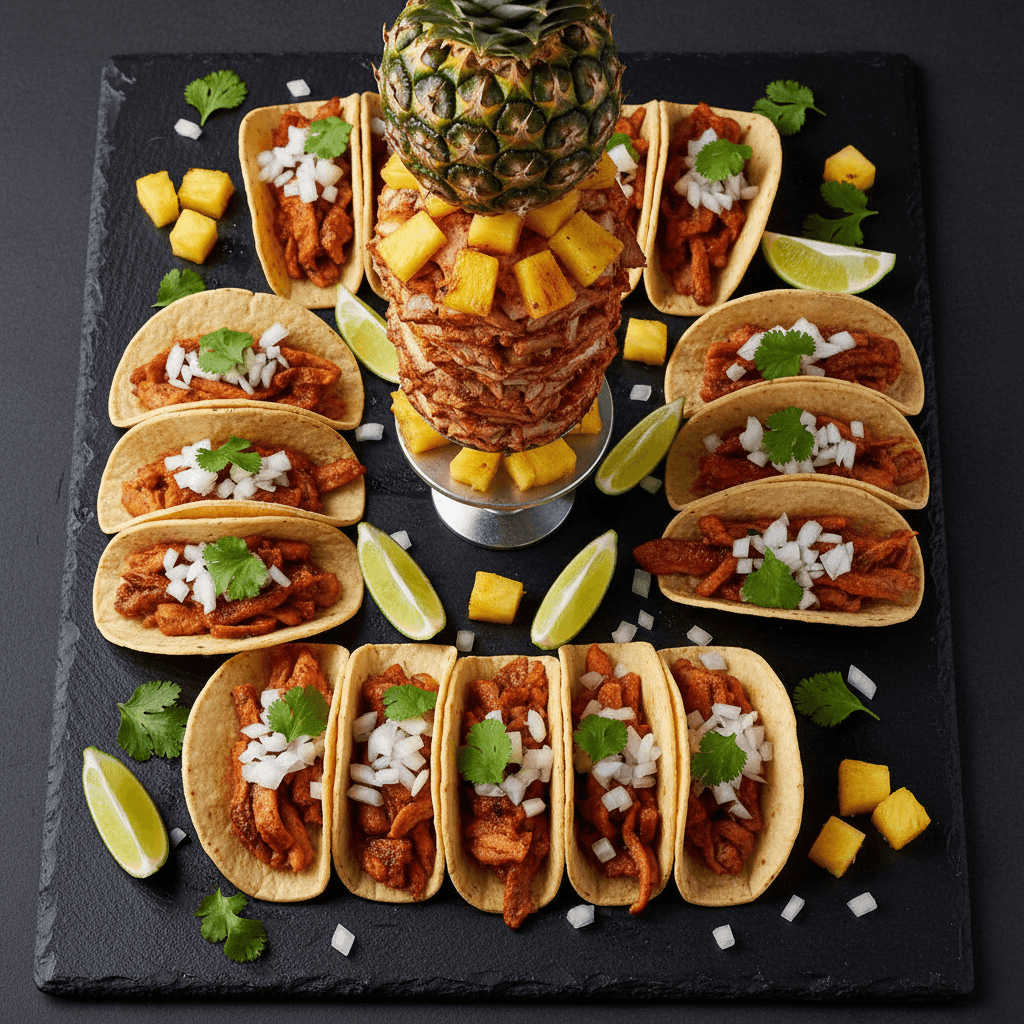 Tacos al pastor with roasted pineapple and fresh toppings