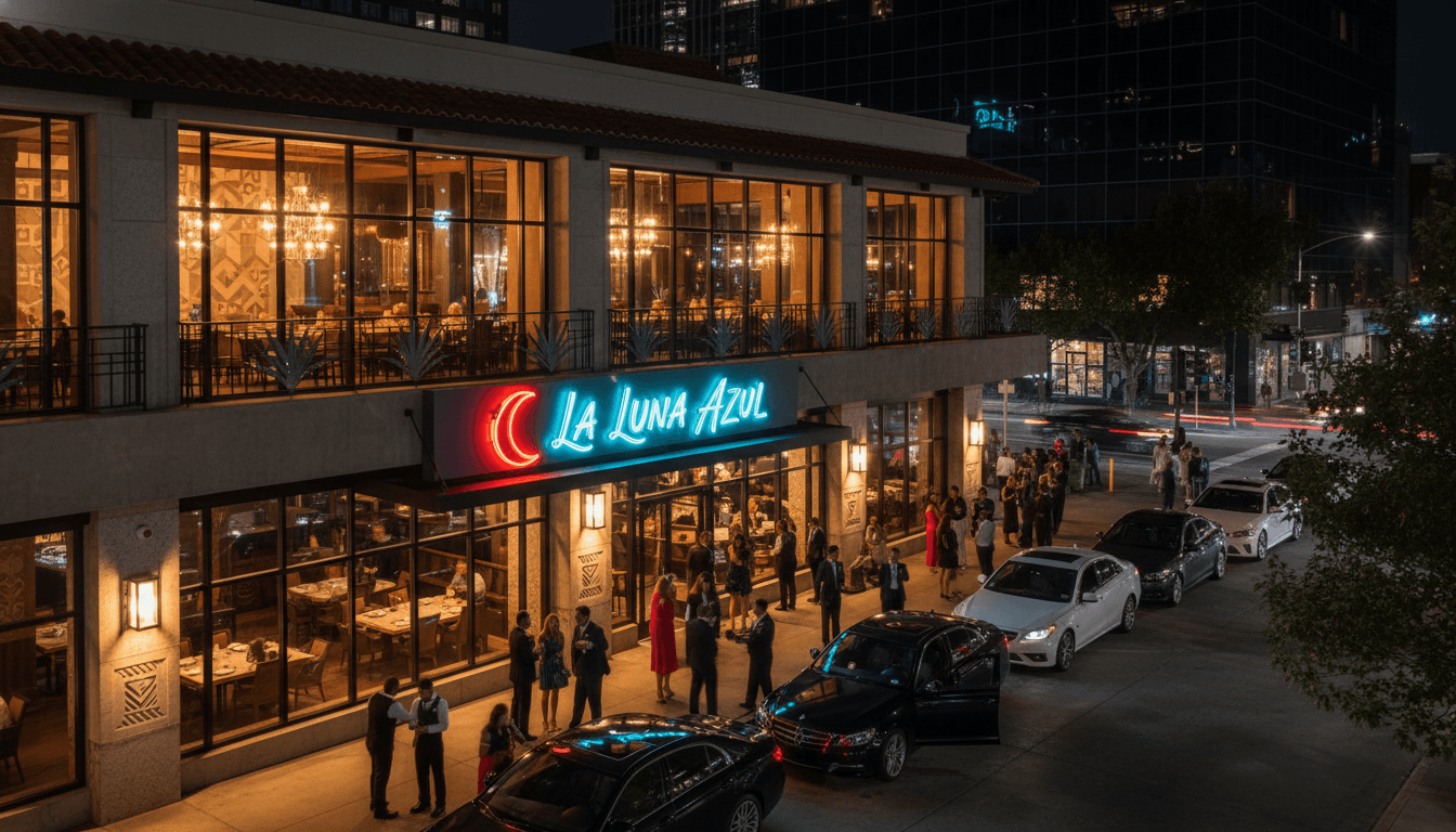 The Mexican Scottsdale restaurant exterior at night with golden lighting